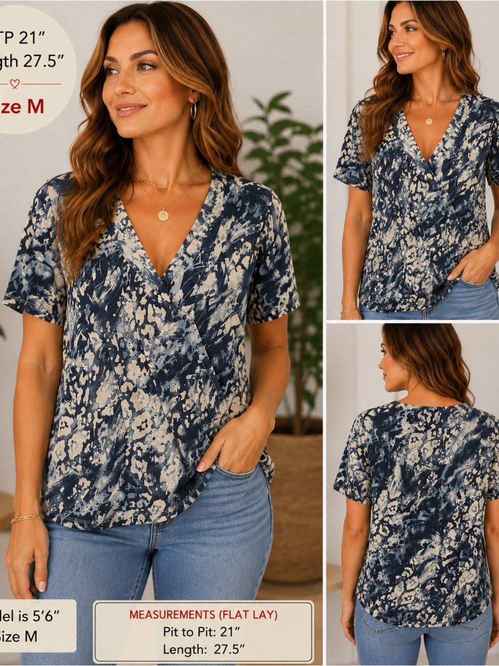 Laura Petites Abstract Faux Wrap Top – Petite Medium